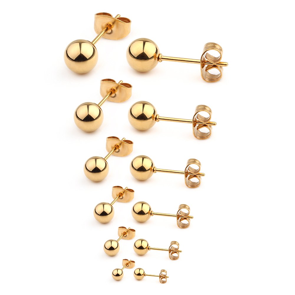 Ruifan 20G Stainless Steel Ball Stud Earrings for Men Women Round 3-8mm 6Pairs - Gold