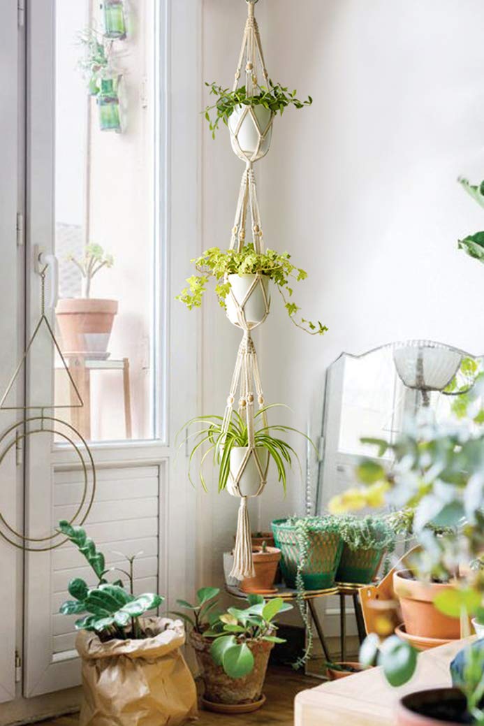 Mkono 1 Pack 43 Inch Macrame Plant Hanger and 1 Pack 70 Inches 3 Tier Macrame Plant Hanger Hanging Planter Basket