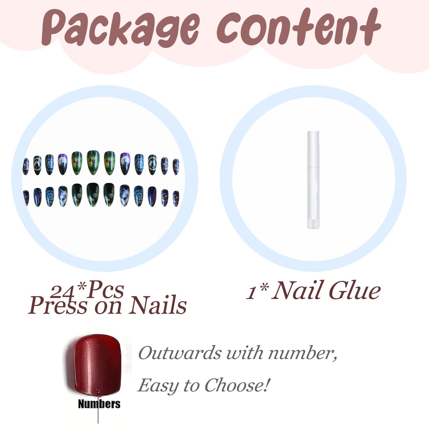 BABALAL Press on Nails Medium Almond Fake Nails Purple Goth Glue ons Anime Design Rabbit Unicorn Golden Moon Y2k Manicure Handmade Custom Art 24Pcs Glossy Full Cover Acrylic False Nails