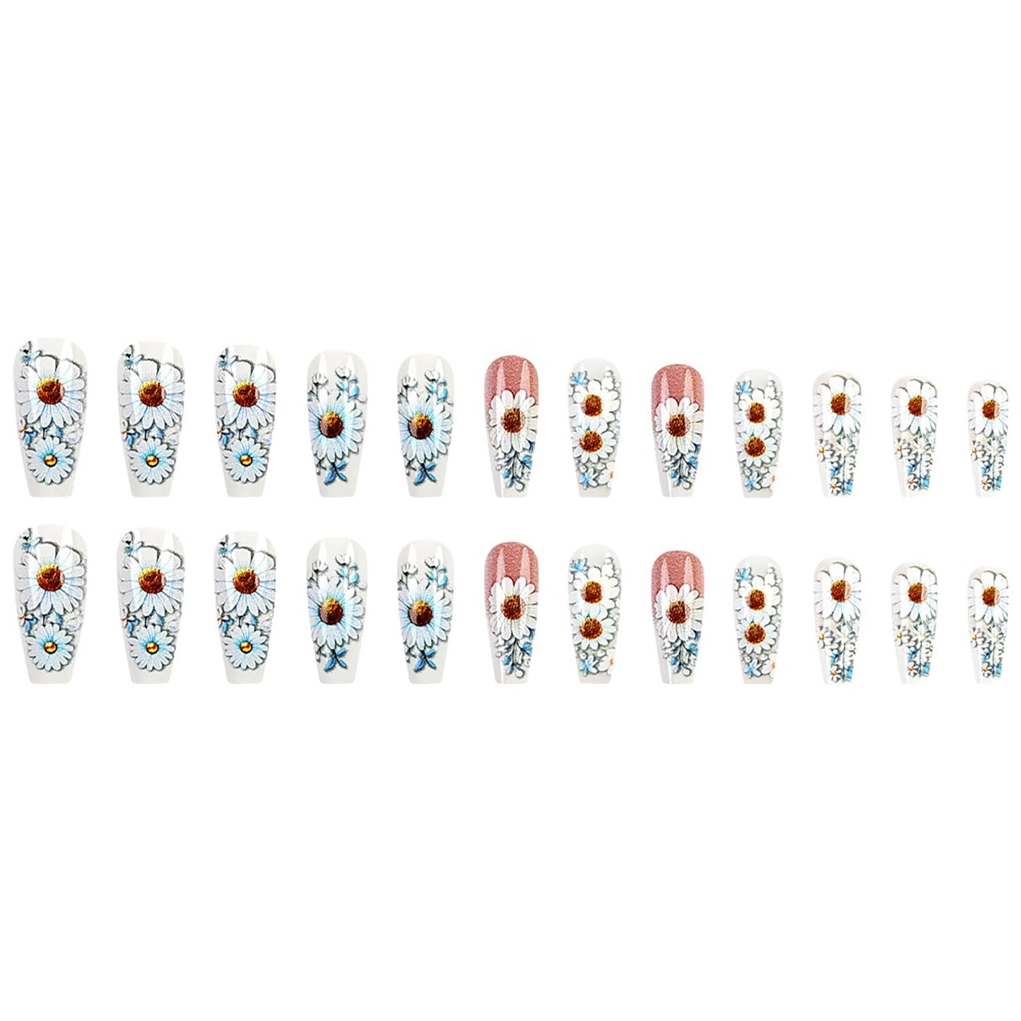CJDLTS White Daisy False Nails Flower Press on Nails Long Ballet Shaped Nails Artificial Nails Floral Daisy Pattern Design Stick on Nails Full Cover Coffin Nails Acrylic Glue on Nails for Women