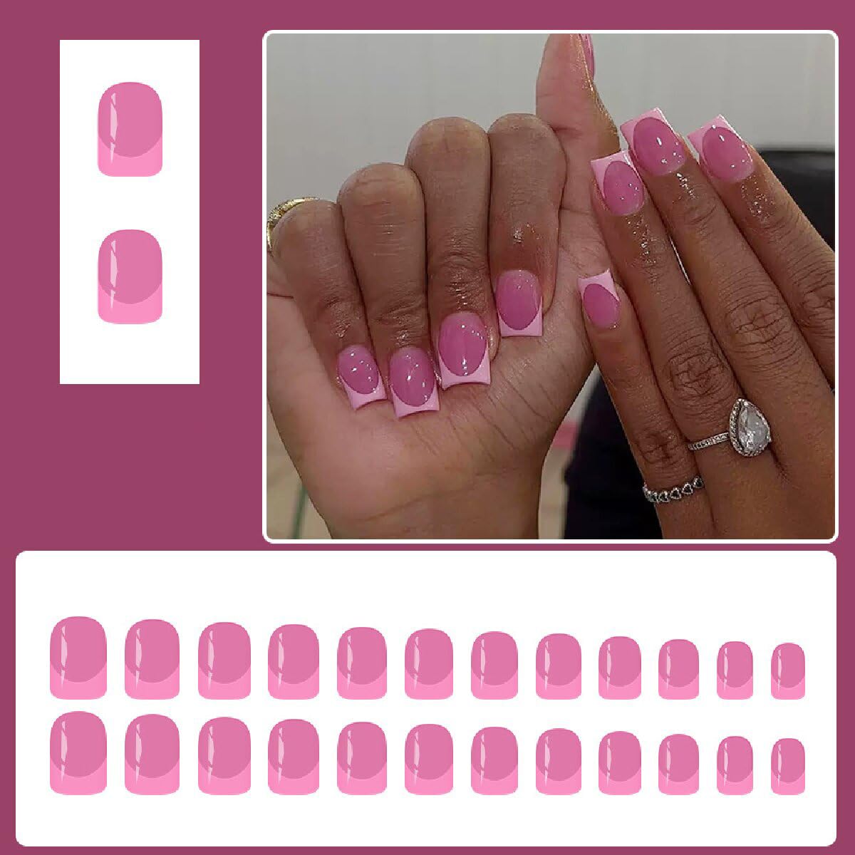 Square Press on Nails Medium Pink French Tip Fake Nails Glossy Acrylic Nails Full Cover Stick on False Nails for Women 24 Pcs