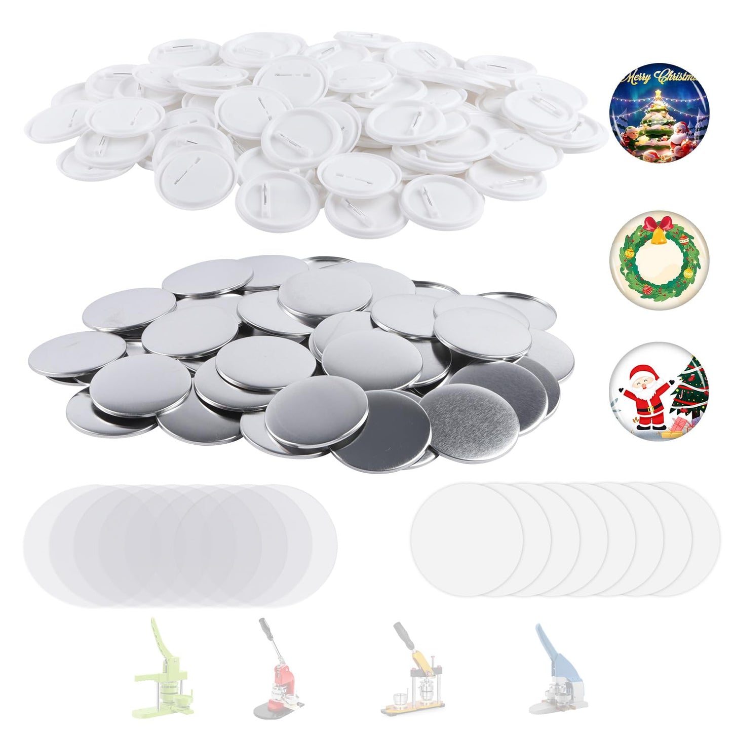 200 Sets 58mm/2.25 inch Button Maker Supplies, Pin Back Button Parts for Button Maker Machine 58mm, Including Metal Covers, Plastic Back Covers, Clear Plastic Film&Blank Paper