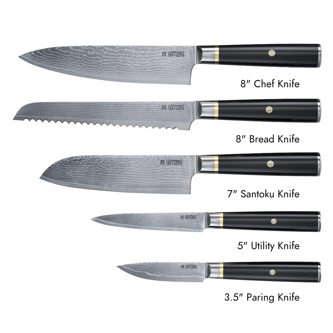 Yatoshi Knives Magnetic Kitchen Knife Block Set - Japanese 67 Layer High-Grade VG-10 Steel Knives, Sharp, G10 Handle Professional Kitchen Knife Set - Black Damascus (6 pieces)