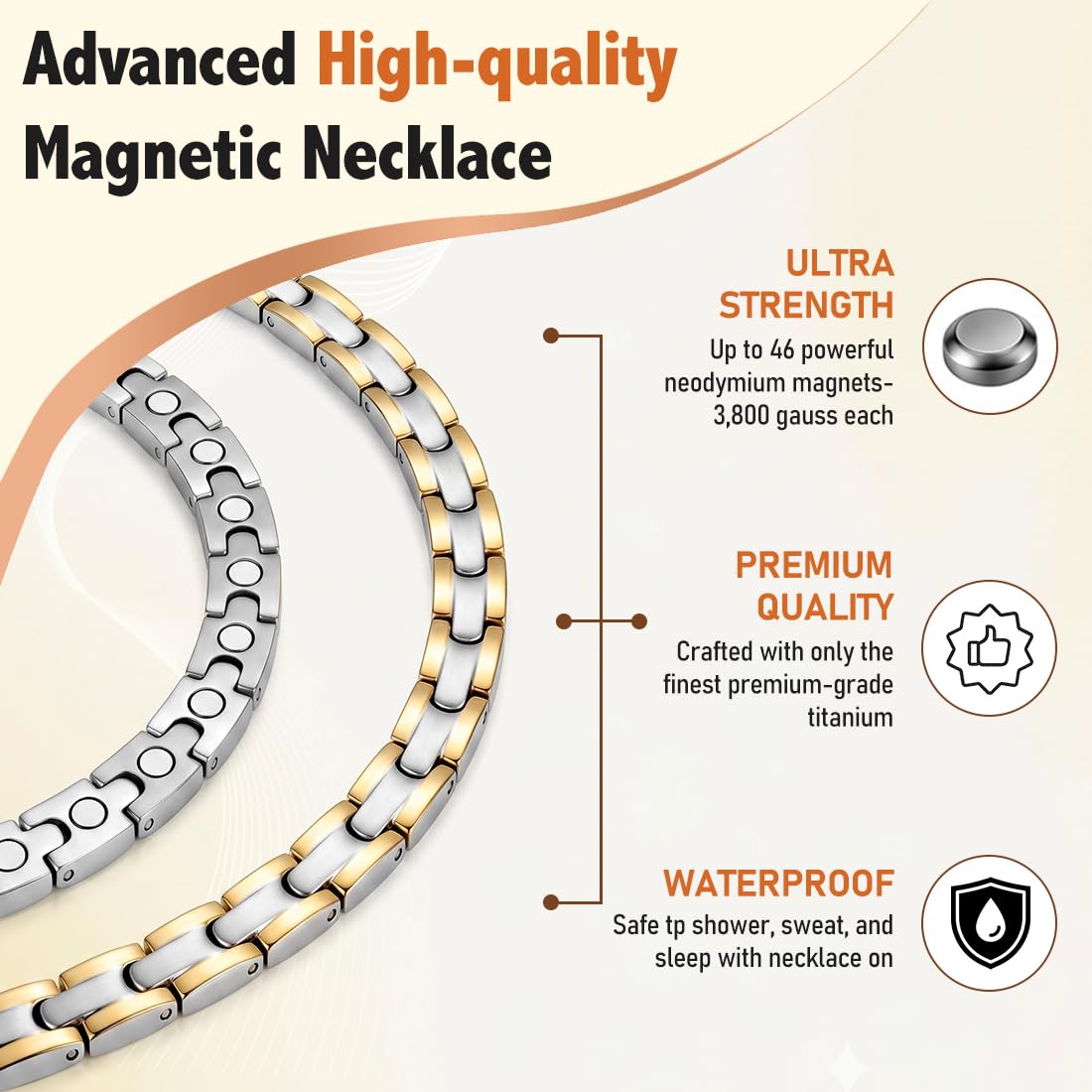 Vicmag Magnetic Titanium Necklace for Men & Women, Titanium Necklace Set with 4X Ultra Strength Magnets Ring, Adjustable Chain & Sizing Tool(Silver Gold)