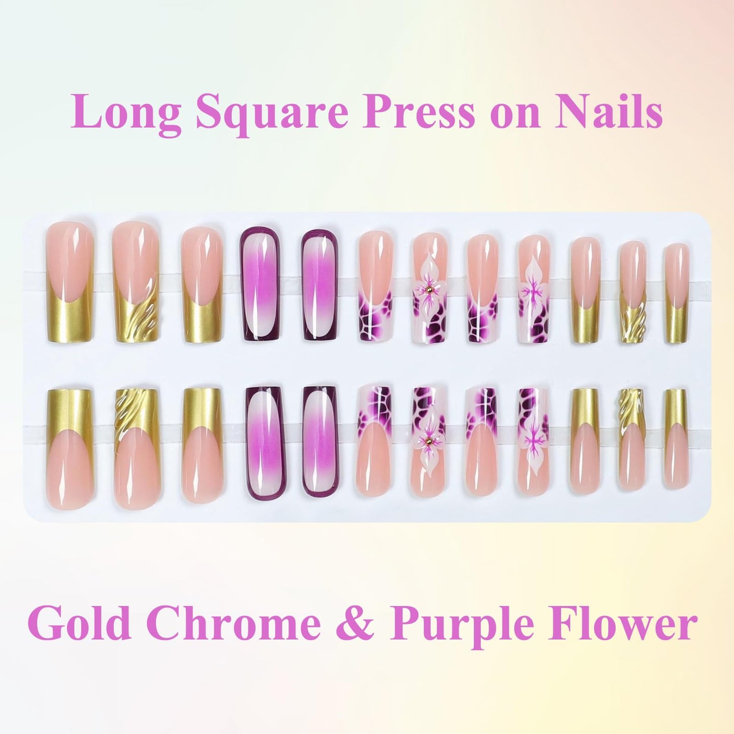 MISUD Press on Nails - Long Square Glue on Nails with Purple Flower, Acrylic Gold Chrome Design 24 pcs