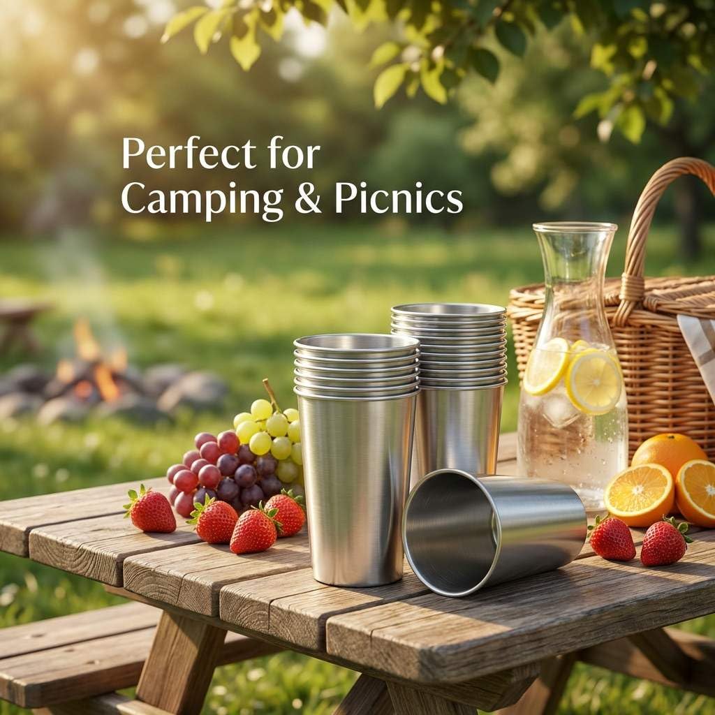 QWORK 13oz Stainless Steel Cups – 16 Pack Stackable Lightweight Metal Tumblers for Home, Camping & Parties