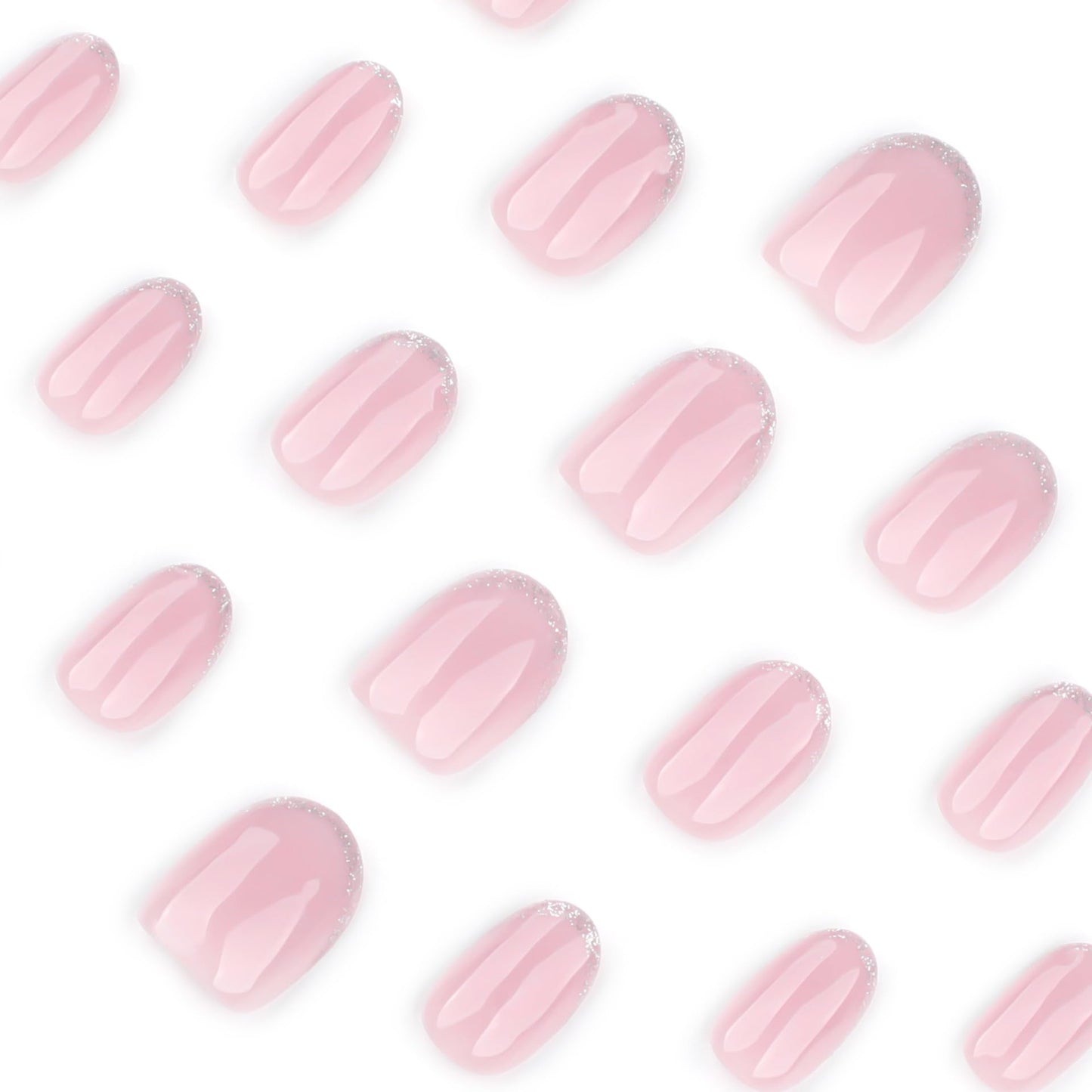 Silver Glitter French Tip Press On Nails Short Oval GCSQW Fake Nails, Light Pink Glossy False Nails Reusable Acrylic Stick On Nails for Women, 24 Pcs Manicure Kit with Adhesive Tabs
