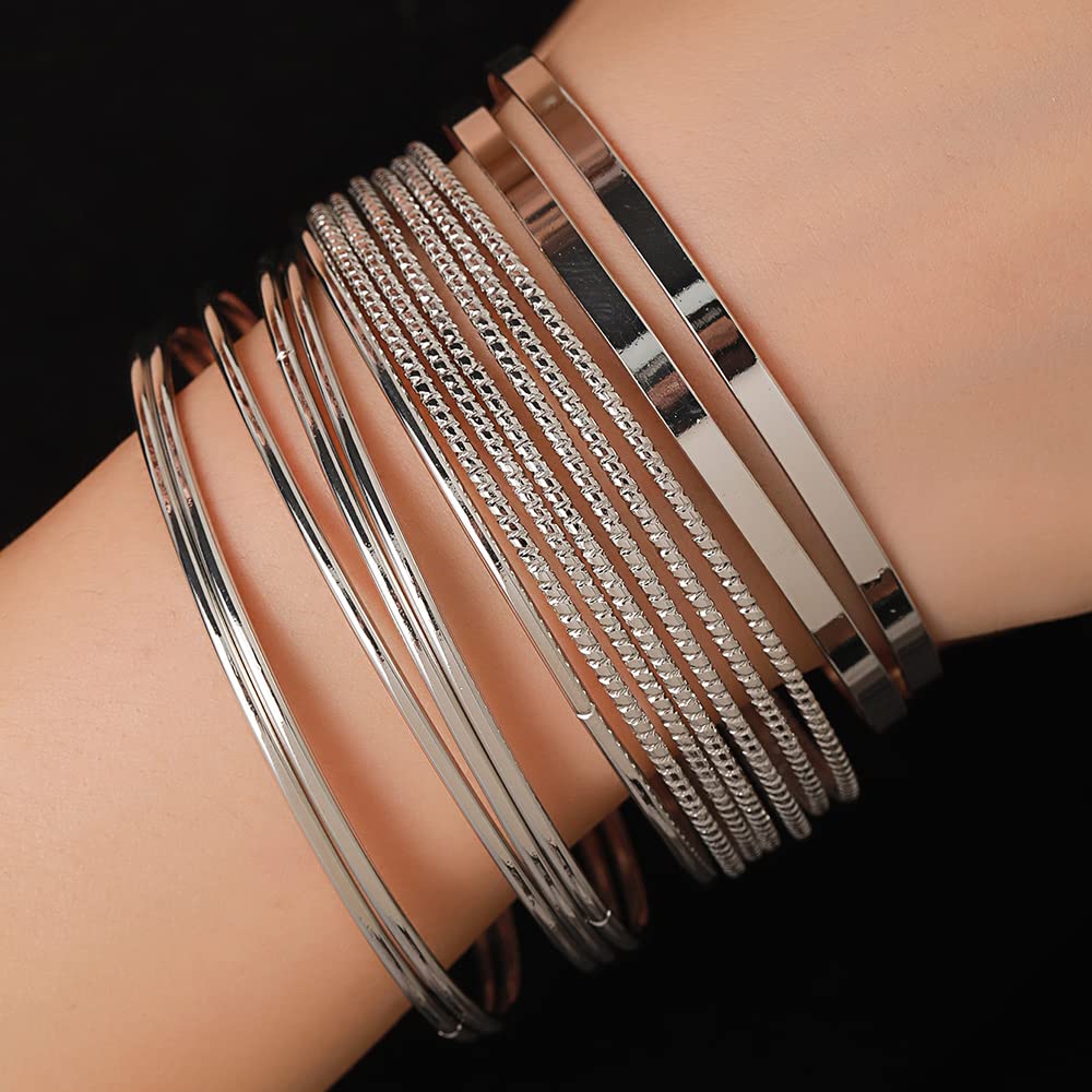 RINTOLER 14Pcs Silver Bangle Bracelets Set for Women - Multi Layer Stackable Textured Bracelets Boho Jewelrys for Women.
