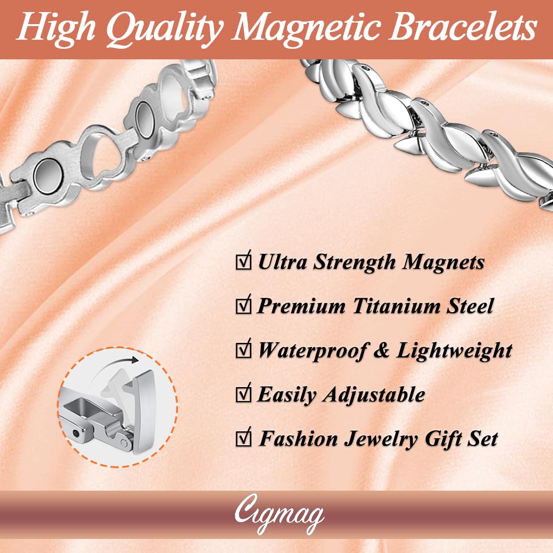Cigmag 2PCS Magnetic Bracelets for Women Adjustable Titanium Steel Magnetic Bracelet with Strength Magnets Sizing Tool and Present Box