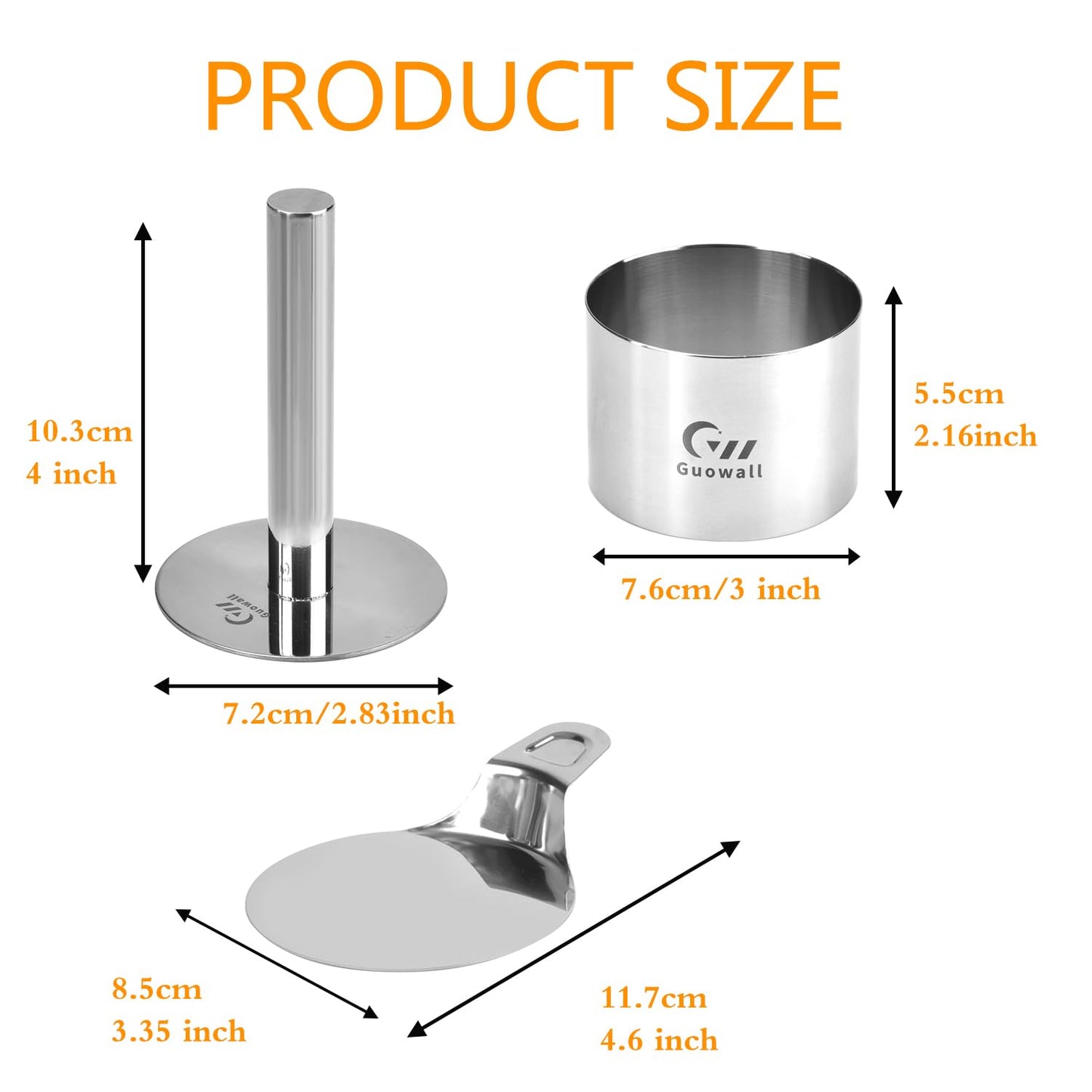 Guowall 6 pack Seamless Mousse Ring Set 3 inch Stainless Steel Round Cake Cutter Food Pastry Mold for Baking (Includes 1 Lifter, 1 Pusher and 6 Rings)