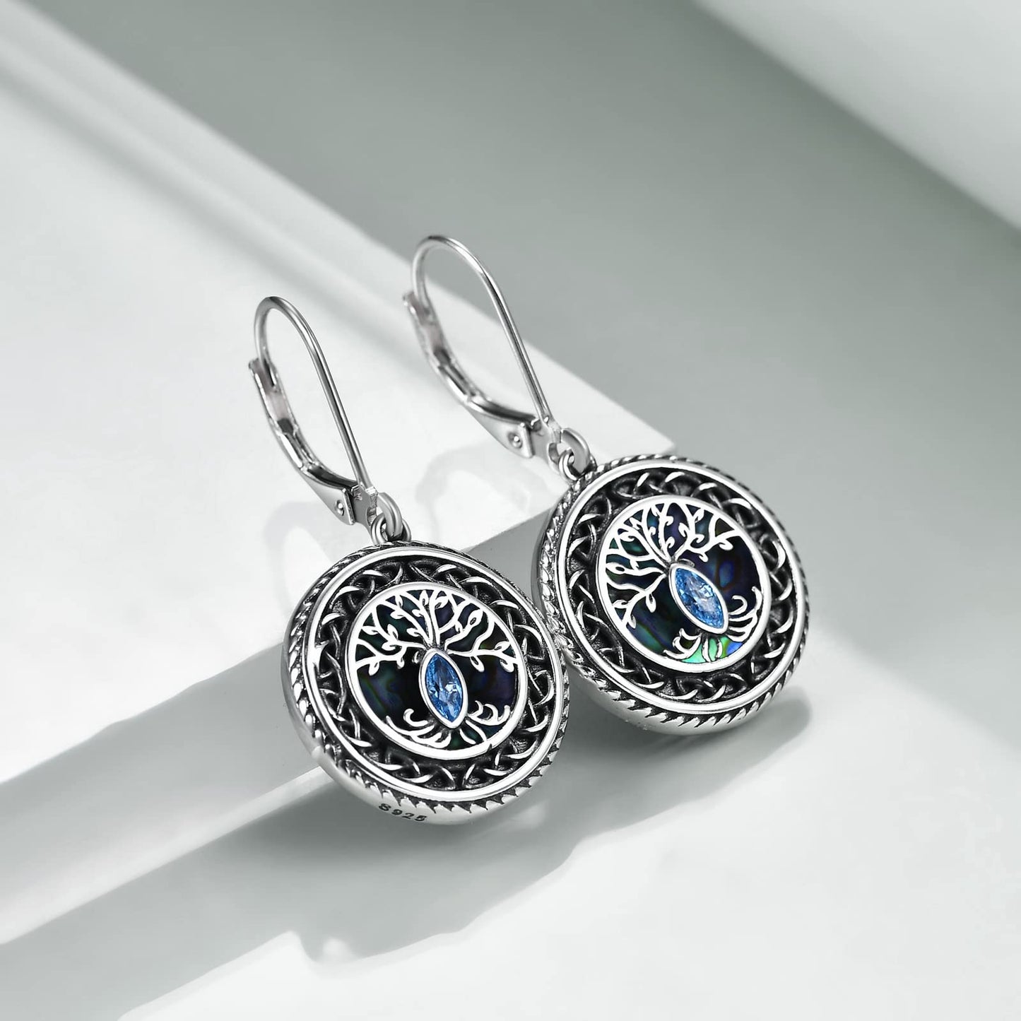 POPLYKE Tree of Life Earrings 925 Sterling Silver Leverback Earrings for Women Celtic Abalone Earrings Dangle