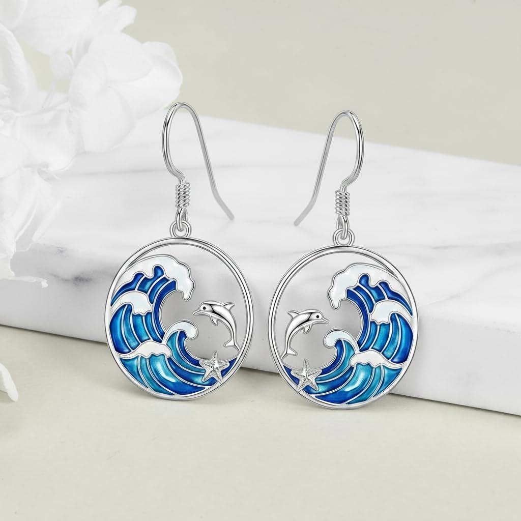 PROESS Dolphin Earrings 925 Sterling Silver Ocean Wave Earrings Beach Jewelry Gift For Women Mother's Day