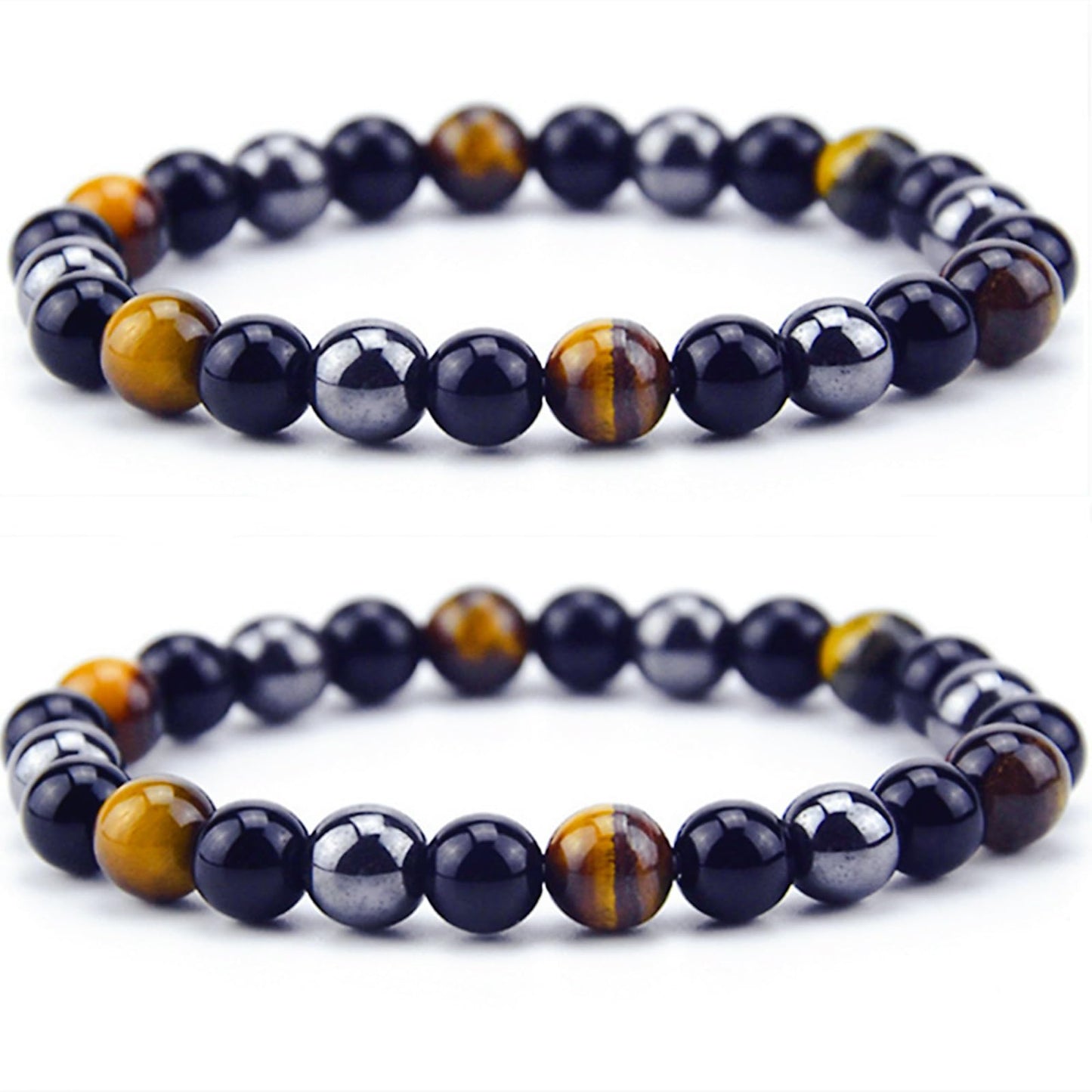 WEFRIN Triple Protection Bracelet for Bring Luck and Prosperity Hematite Black Obsidian Tiger Eye Stone Bracelets for Men Women, Beaded Buddha Rope Uni Bracelet (2pcs) (F)