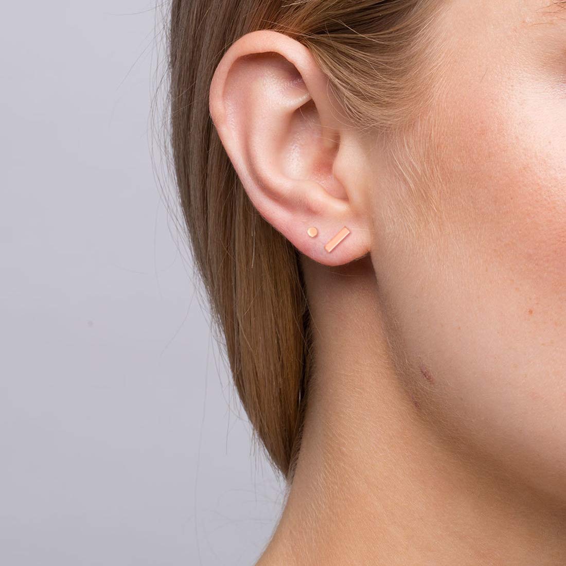 Sterling Silver Stud Earrings for Women Men- 4 Pairs of Hypoallergenic Simple Geometric Small Stud Earring Set Tiny Circle Triangle Square Bar Stud Earrings Mini Cartilage Tragus Earrings(Rose Gold)