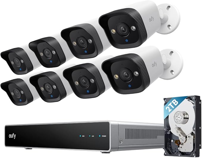 eufy PoE NVR Security System E40,24/7 Recording,Up to 16CH, 2TB HDD, 8 4K Bullet Cams, Wired Outdoor Cam, 4K UHD, 122° FOV, Color Night Vision,AI Detection, Red and Blue Strobe
