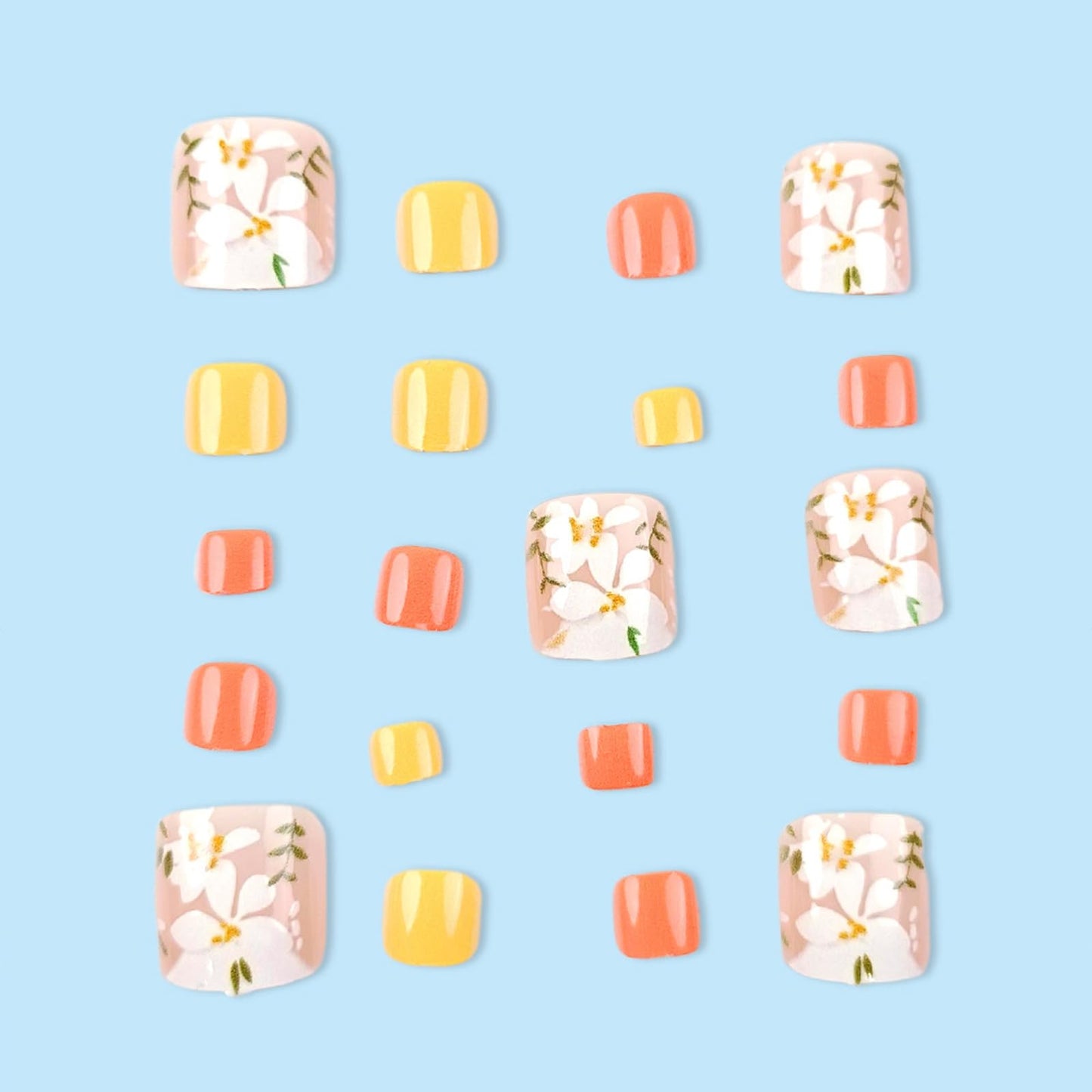 IMRAIN Flower Press on Toe Nails Short Square Fake Toenails with Flower Designs Orange Yellow Full Cover Acrylic False Toenails Summer Glue Stick on Toe Nails for Women 24Pcs