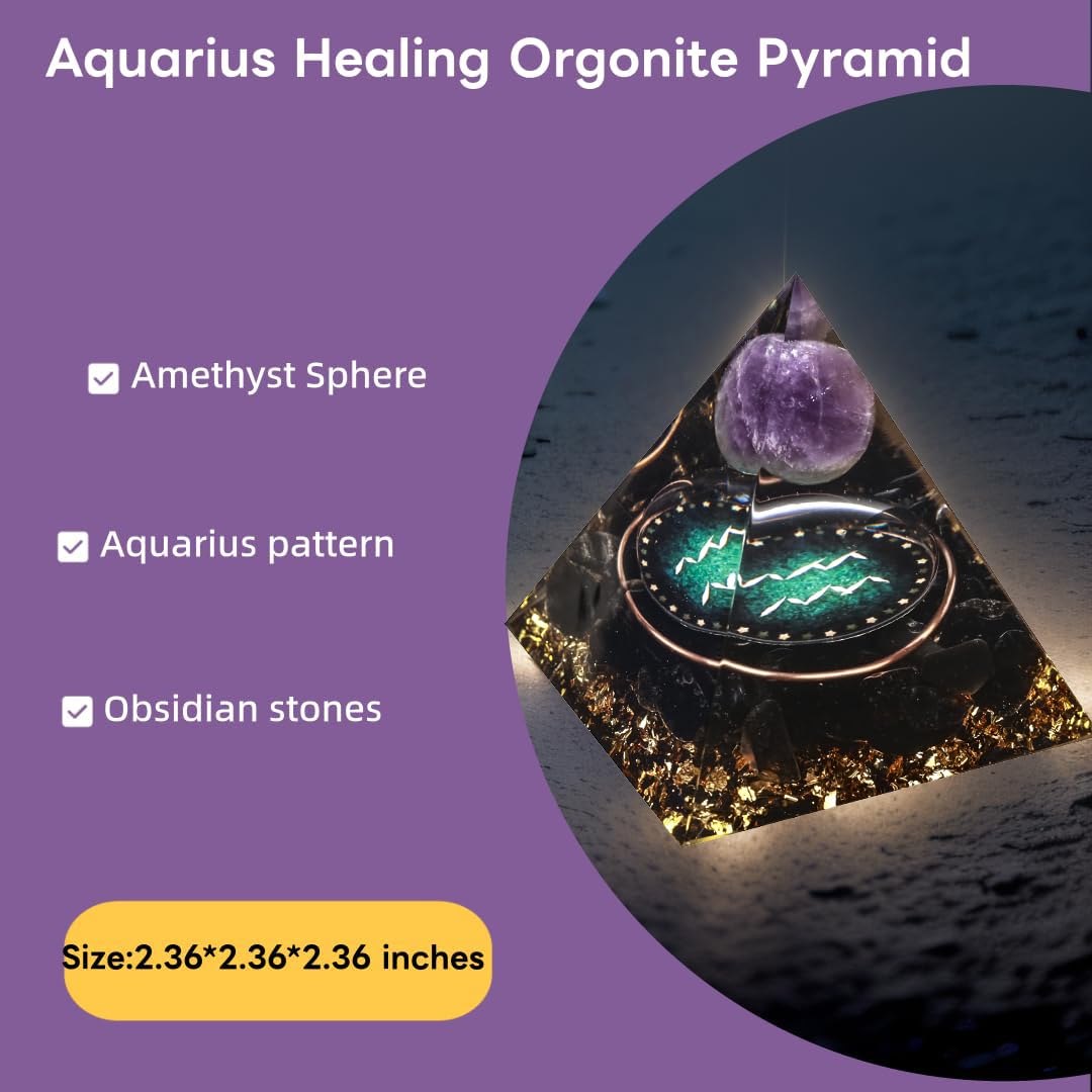 12 Zodiac Orgone Crystal Pyramid, Natural Amethyst with Obsidian,Healing Crystals Pyramid for Protection Chakra, Unique Constellation Pyramid for Positive Energy, Healing Money Health(Aquarius)