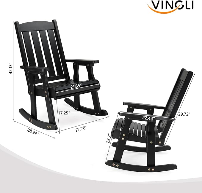 VINGLI Outdoor Rocking Chair Set of 2, Heavy Duty 600 LBS Wooden Rocking Chair with Comfortable Backrest, Weatherproof Rocker with Ergonomic Design, Suit for Patio, Garden, Yard, Black