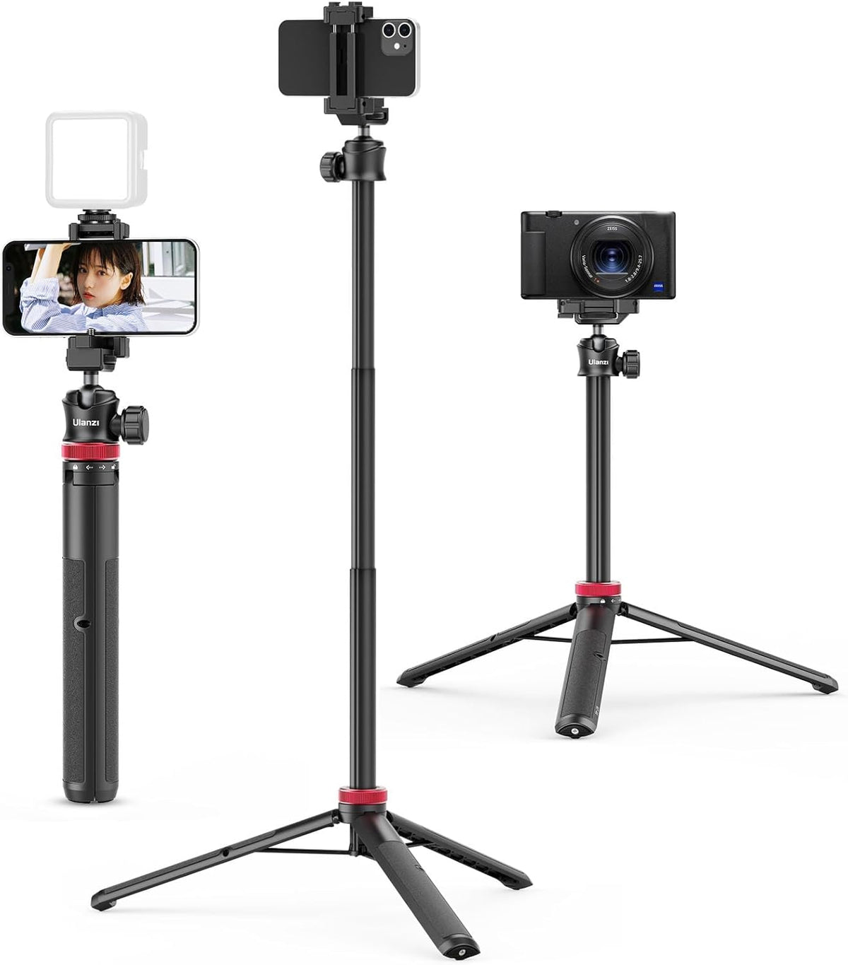 ULANZI MT-44 Extendable Phone Tripod, 59" Selfie Stick Vlog Stand with 2 in 1 Phone Clip, 360° Ball Head Camera Tripod for iPhone Sony Canon DJI Osmo Action Camera, Lightweight for Travel