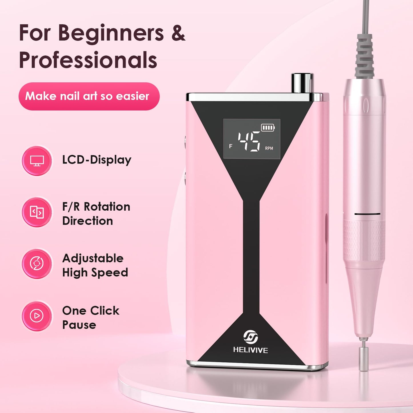 HELIVIVE Professional Electric Nail Drill 45000RPM (Portable & Rechargeable) (with 11 Drill Bits ) Cordless Nail File Machine for Shaping, Polishing & Removing Gel Nails for Salon Home (Pink)