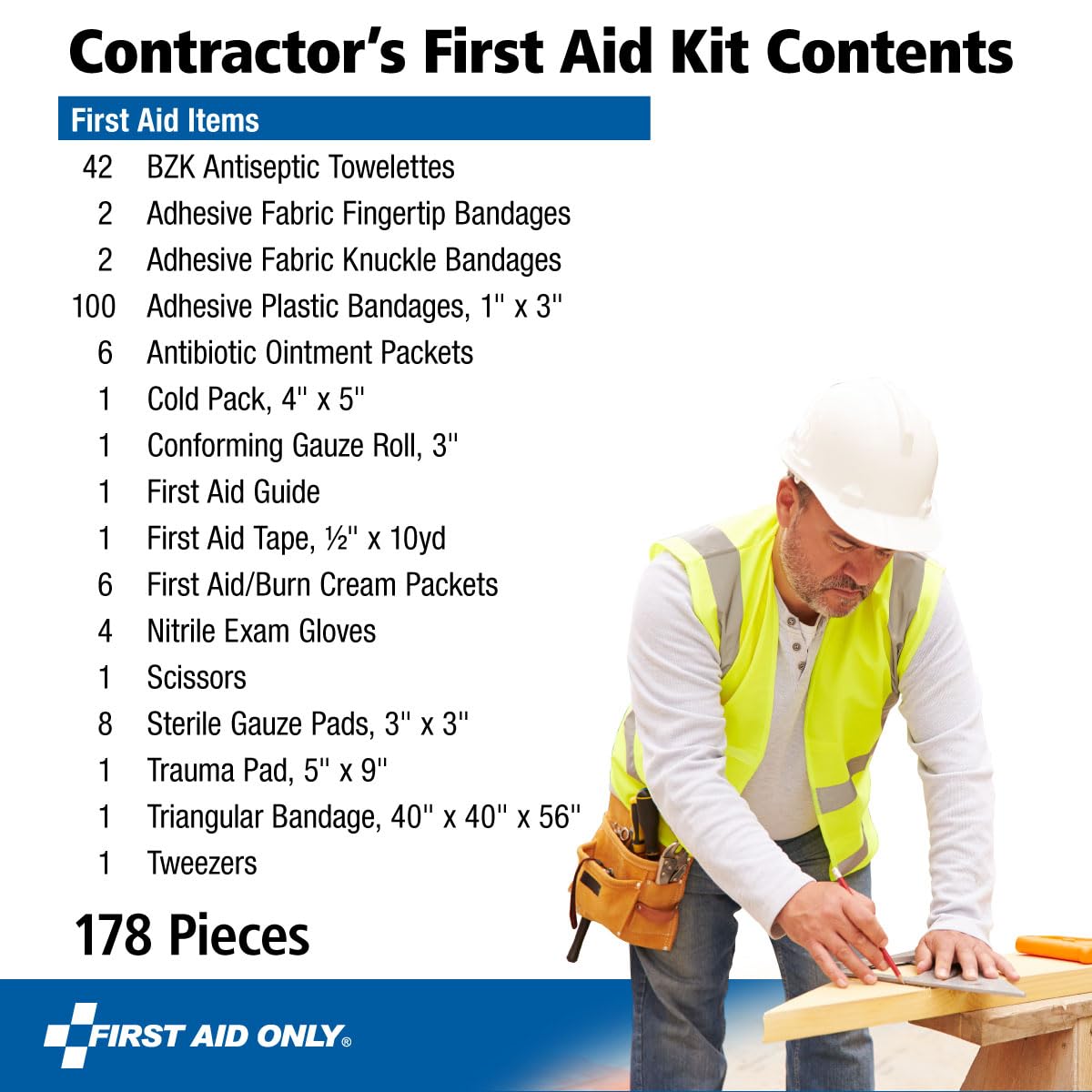 First Aid Only 9302-25M 25-Person Contractor's First Aid Kit for Home Renovation, Job Sites, and Construction Vehicles, 178 Pieces, White