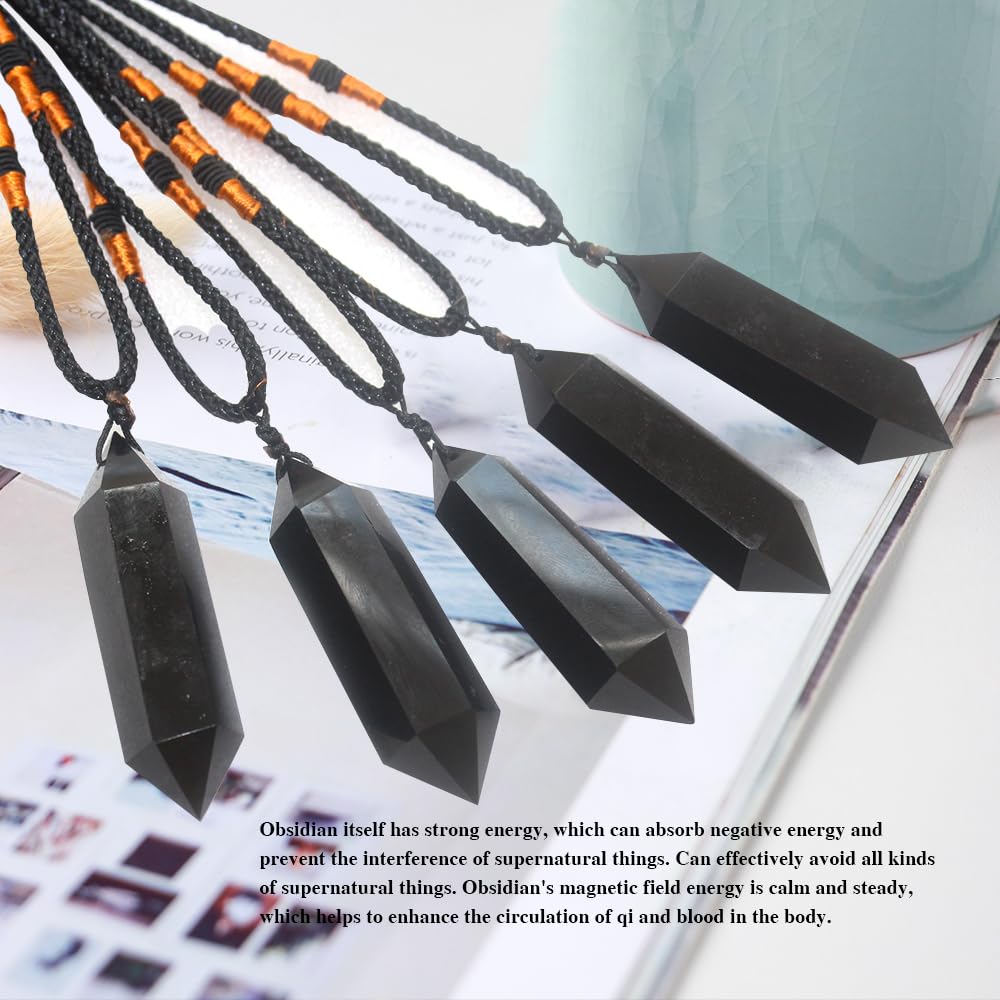 Runyangshi Black Obsidian Healing Crystal Pendants, Double Pointed Natural Crystal Quartz Necklace 6 Faceted Chakra Crystal Wand Stone