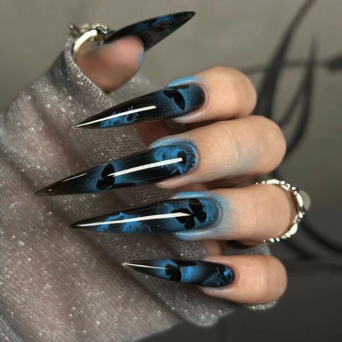 Black Press on Nails Long Stiletto Fake Nails with Design Butterfly Glue on Nails Cute False Nails Full Cover Reusable Artificial Acrylic Stick on Nail for Women Manicure 24Pcs