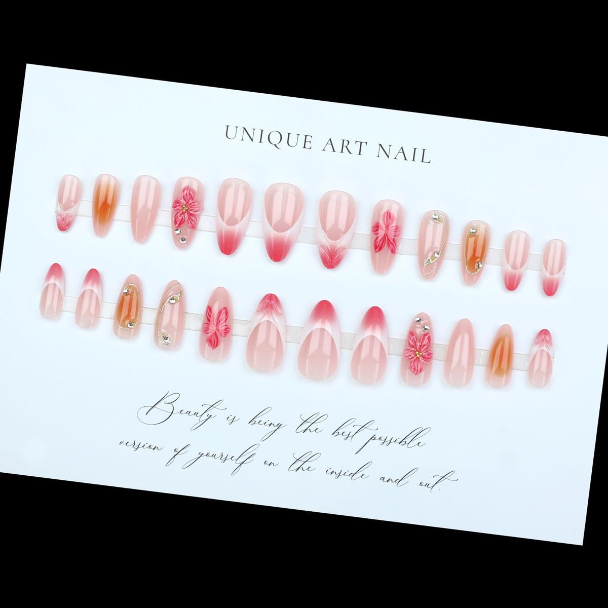 Medium Almond Press on Nails Pink, 3D Flower Fake Nails with Shell Pattern Design, Summer False Nails Press ons Full Cover Glue on Nails for Women Summer Vacation Beach Manicure Kit, 24Pcs