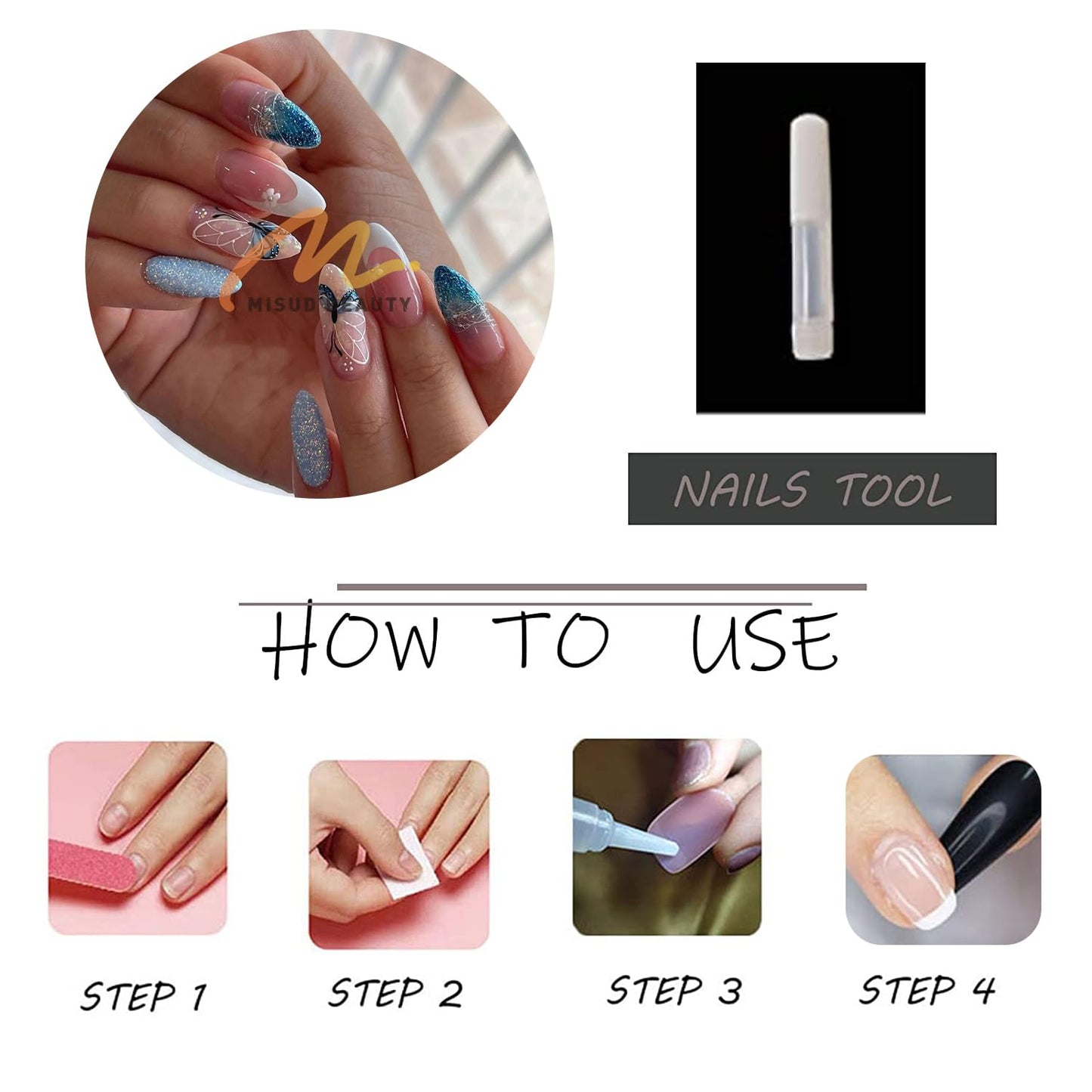 MISUD Press on Nails - Medium Almond Fake Nails with Summer Blue Butterfly Acrylic Bling Glitter Design 24 pcs