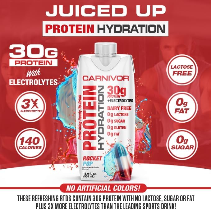 MuscleMeds Carnivor Protein Hydration RTD, Refreshing Ready to Drink, 30 g Isolate Protein, Lactose Free, Sugar Free, Electrolytes, Muscle Building, Recovery, Halal Certified, Rocket Pop, 16.9 Fl Oz