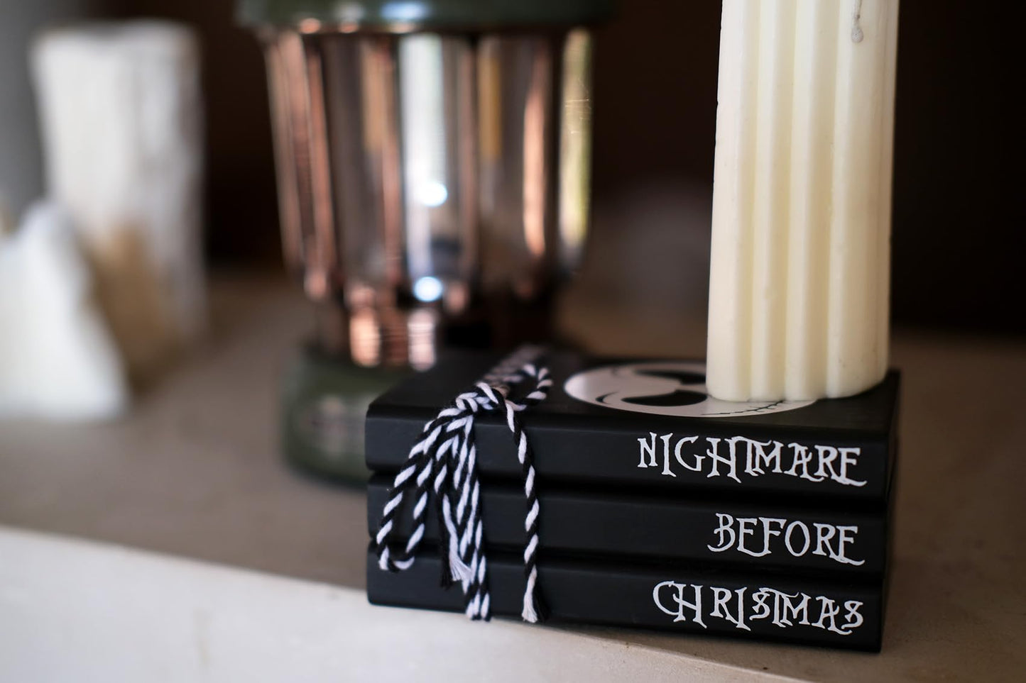 RUKEJUNE Mini Black Halloween Tiered Tray Decor Wood Decorative Book Stack, Rustic Farmhouse Faux Books Bundle for Home Table Mantle Shelf Decoration Nightmare Before Christmas Sign