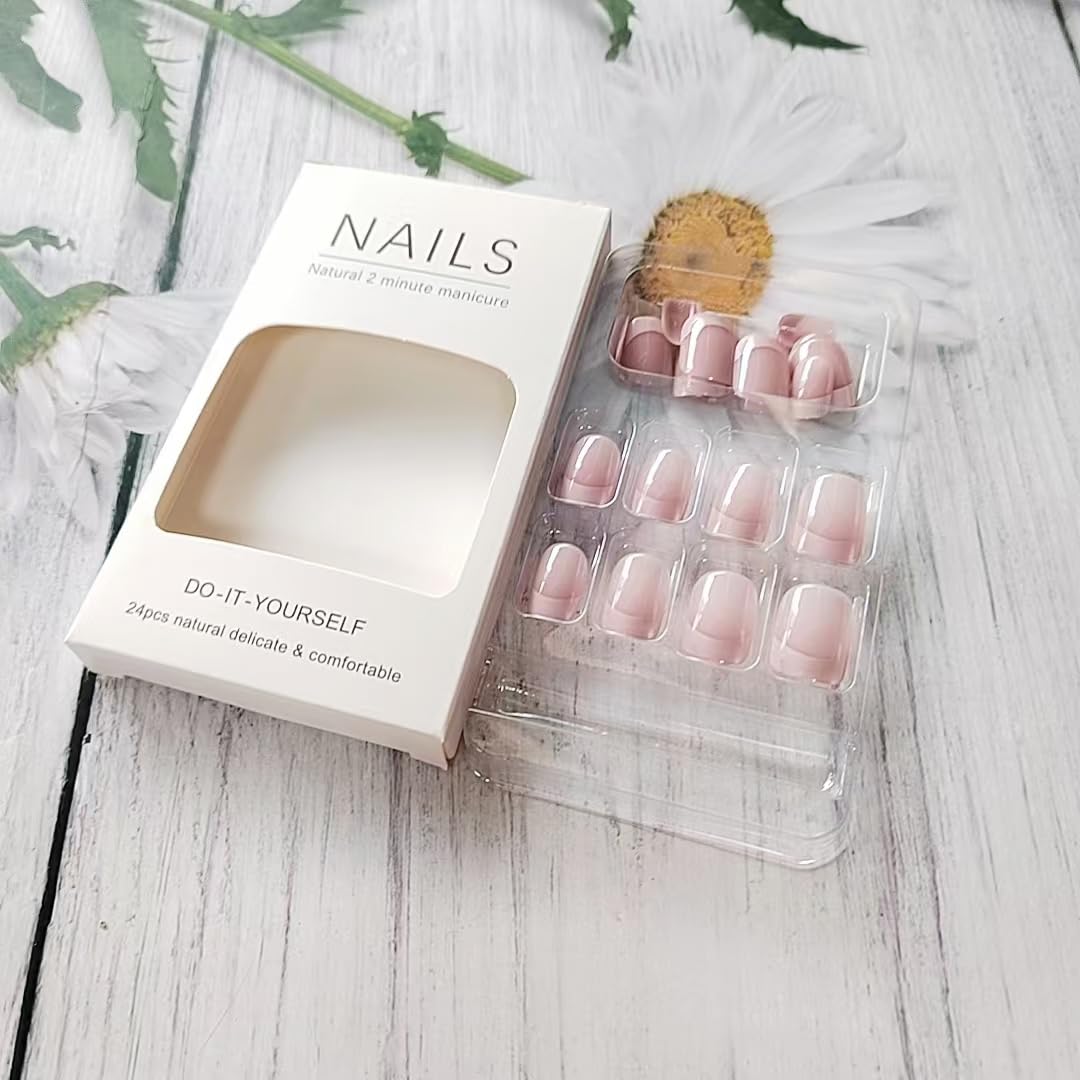 24Pcs French Tip Press on Nails Short Square Fake Nails Glossy Nude Pink False Nails Reusable Full Cover Stick on Nails Acrylic Nails Cute Matte Artificial Fingernails Glue on Nails for Women
