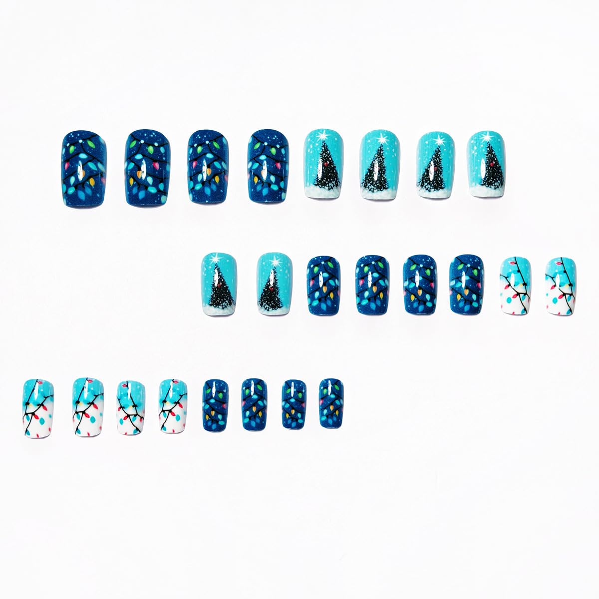 24Pcs Christmas Press on Nails Medium Length Fake Nails with Christmas Tree & Colored Lights Designs Winter Xmas False Nails for Women Full Cover Glossy Christmas Nails Press ons Manicure Kit