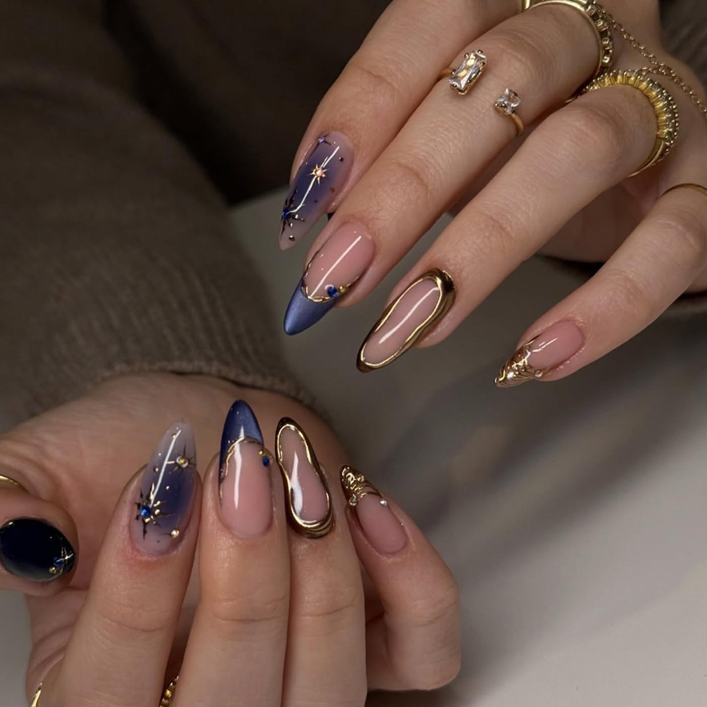 IMRAIN Press on Nails Medium Almond Fake Nails Blue Ombre Acrylic False Nails Golden Edge French Tip Full Cover Glue on Nails for Women
