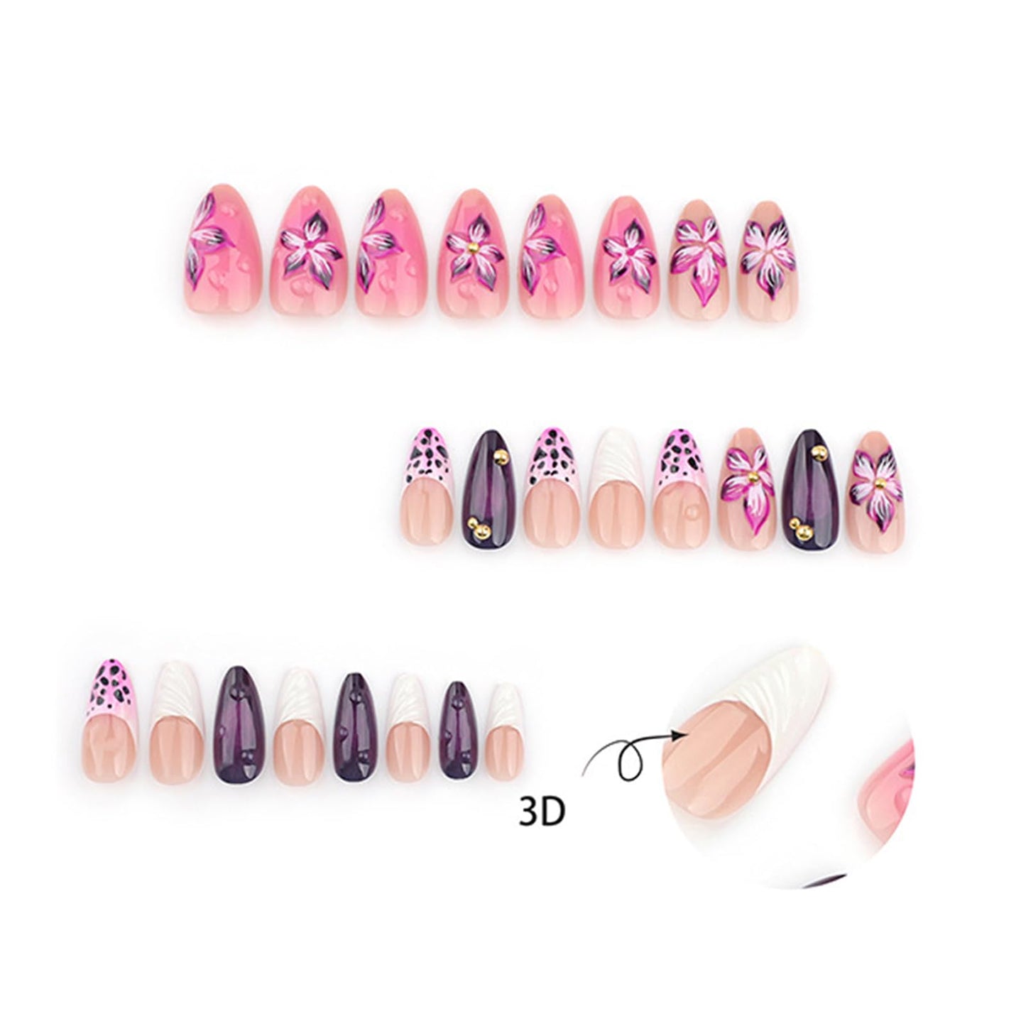 Leopard French Tip Press on Nails Medium Almond 3D Embossed Floral with Leopard Print Gold Pearl Shell French Tips Design Acrylic Artificial Fake Nails for Women Girls Manicure Decorations 24Pcs