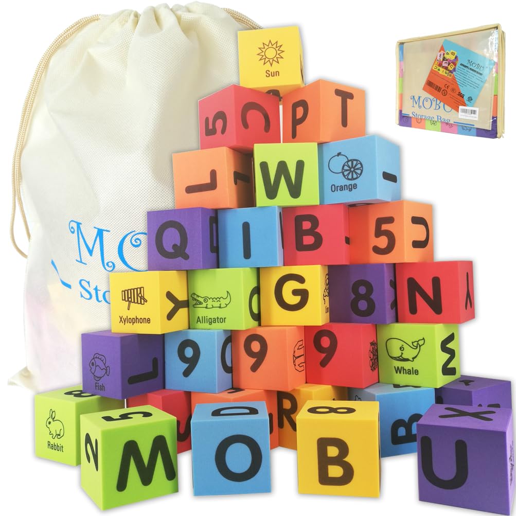 MOBU Foam Building Blocks for Toddlers,30 pcs 2-inch Alphabet Letters Number Blocks with Storage Bag, Learning ABC, 123 Stacking Blocks for Kids