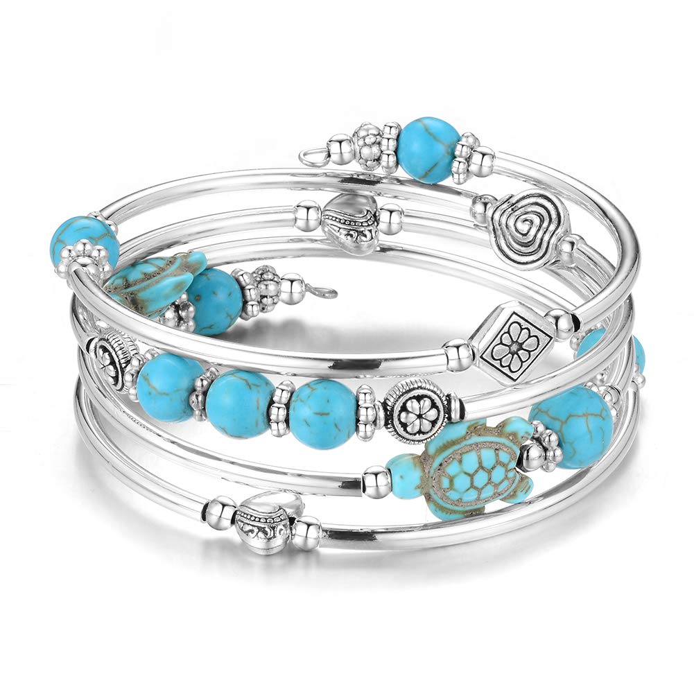 BULINLIN Layered Wrap Bangle Turquoise Bracelet - Bead Bracelet with Natural Agate Stone, Gifts For Women (17-Turquoise turtle bracelet)