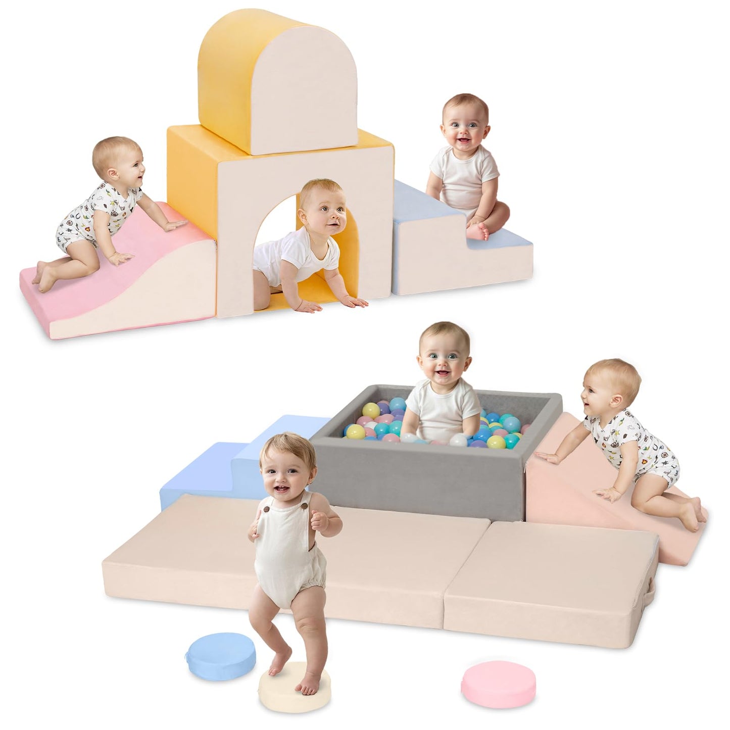 CAMELUS Climbing Toys for 1 Year Old, Soft Play Set Baby Foam Climbing Blocks for Toddlers (4- Piece) + (7-Piece)