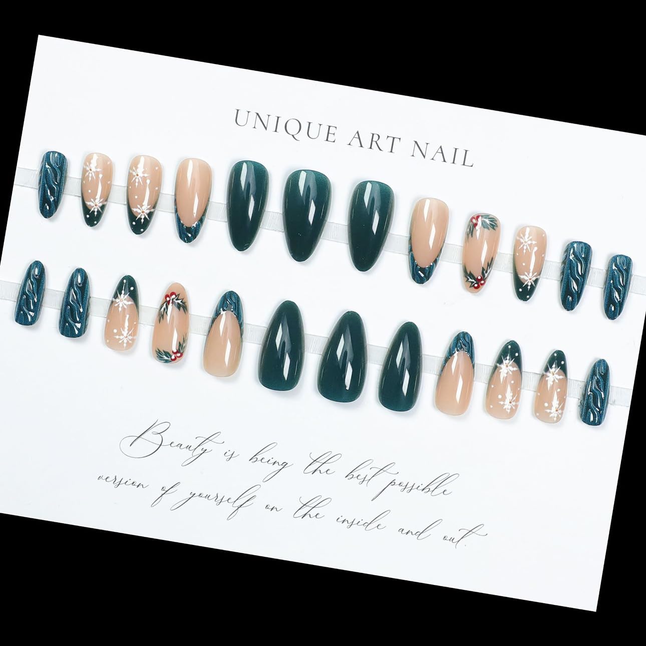 LPOODDNU Christmas Press on Nails Almond - Green French Tip Medium Fake Nails with Snowflake Designs, Glossy Finished Reusable False Nails with Adhesive Glue Tabs - 24Pcs Nail Kit for Women Manicure