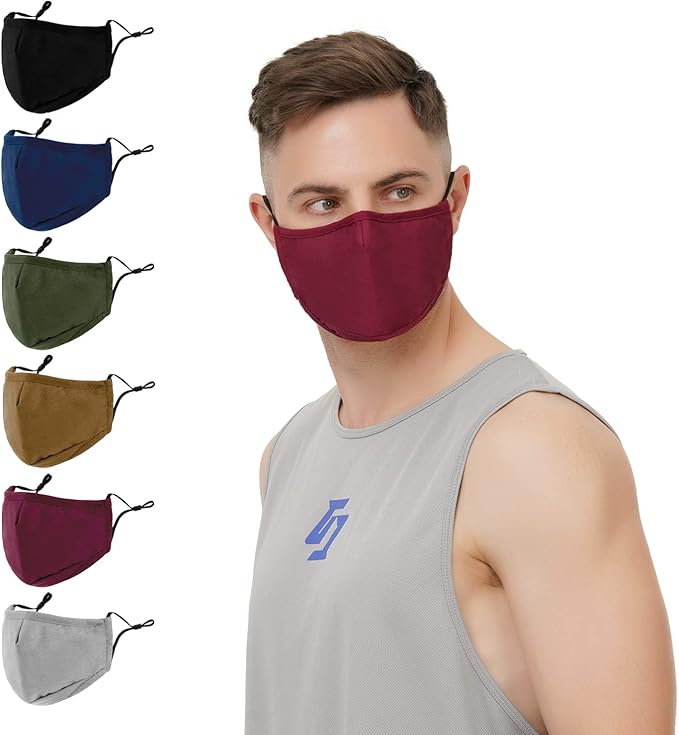 3-Ply Cloth Face Mask 6 Pack,Washable, Reusable and Breathable Face Covering with Adjustable Ear Protection Loops for Women and Men (Black/Grey/Wine Red/Dark Green/Dark Blue/Brown)
