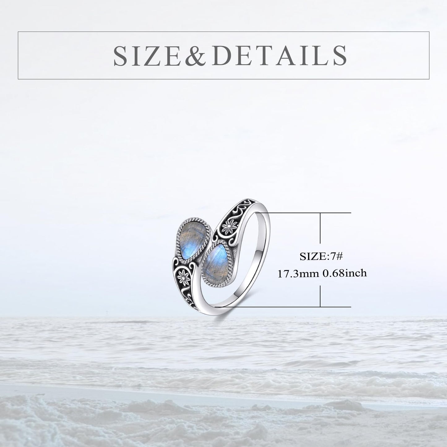 POPLYKE Sterling Silver Labradorite Filigree Spoon Ring Vintage Thumb Rings Boho Adjustable Open Ring Statement Jewelry Gifts for Women