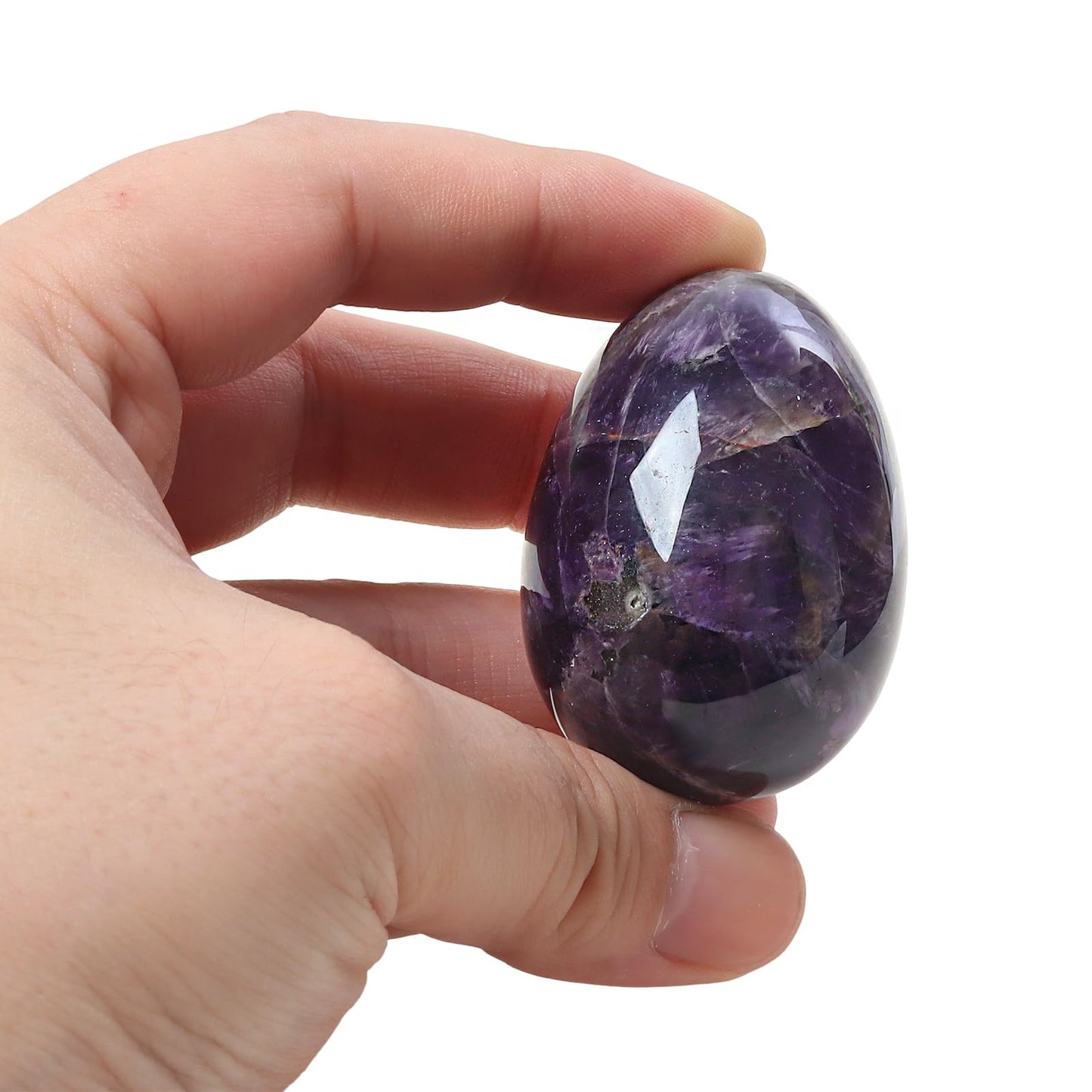 Fekuar Stone Egg Figurine, Polished Healing Crystal Easter Eggs Sphere Sculpture with Wood Stand, Natural Amethyst, 1.8"