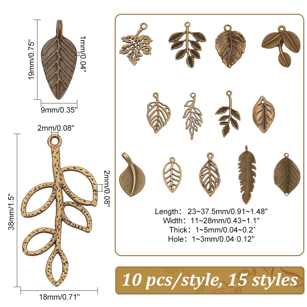 PH PandaHall 150pcs 15 Styles Tree Leaf Charms Pendants, Tibetan Branch Leaves Charms Metal Alloy Leaf Beads Antique Bronze Dangle Charm for Spring Earring Bracelet Necklace Kaychain Jewelry Making