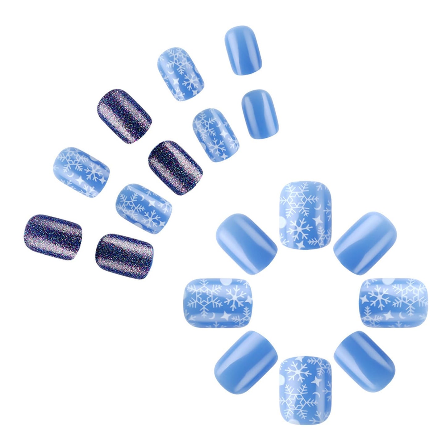 IMRAIN Short Square Press on Nails Blue White Fake Nails with Snowflakes Designs Gel Glue on Nails Glossy Xmas Acrylic False Nails Winter Stick on Fingernails for Women