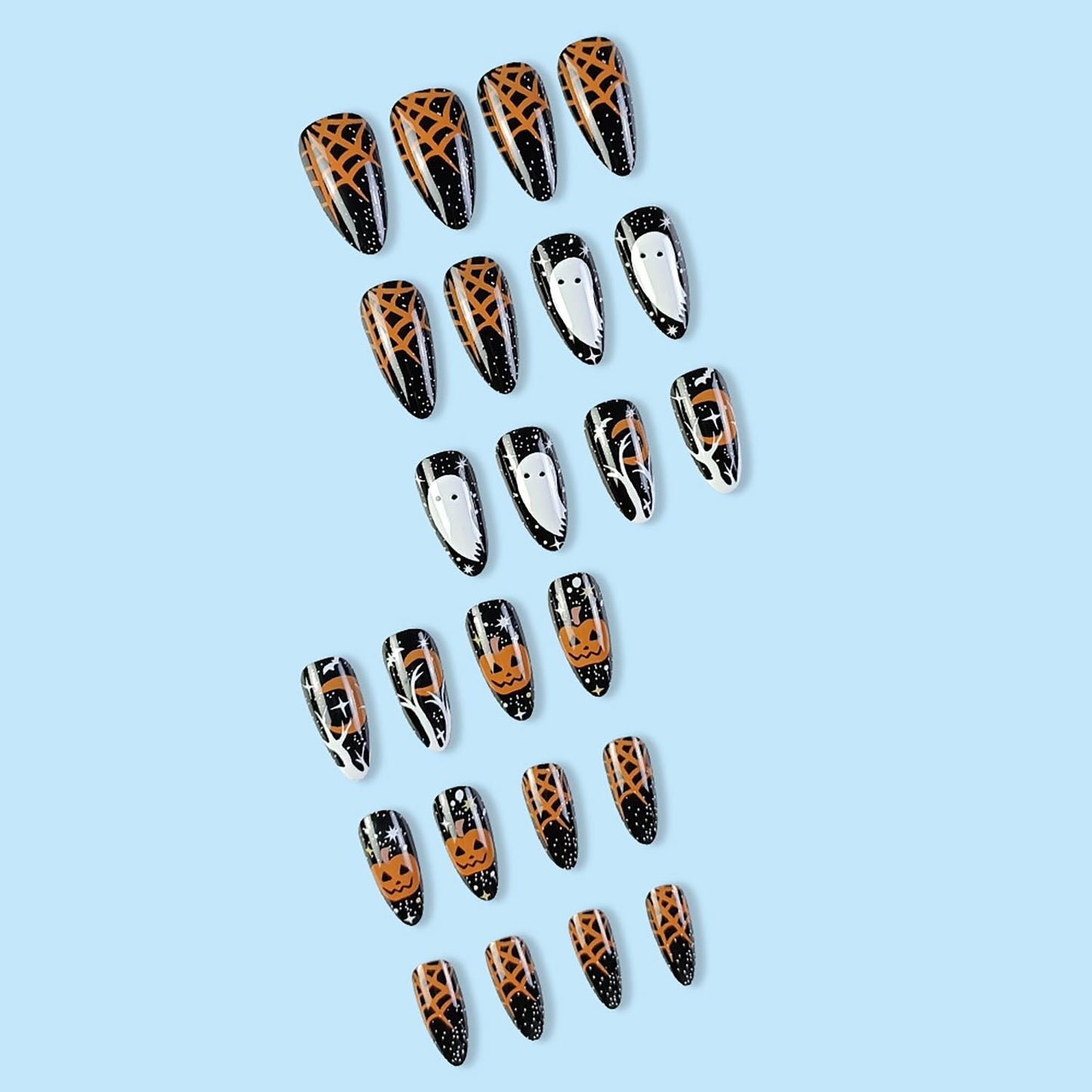 24 Pcs Halloween Press on Nails Almond Medium Fake Nails Halloween False Nails with Ghost & Pumpkin Design Fall Almond Nails Press ons Full Cover Reusable Stick on Nail for Women