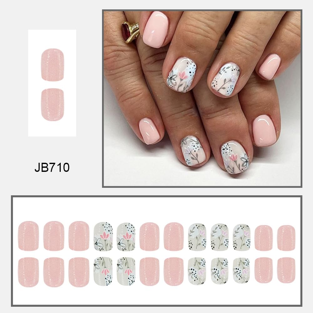 Pink Flower Press on Nails Short Square Fake Nails Cute Floral False Nails Full Cover Glue on Nails Artificial Acrylic Stick on Nails Spring Nude Pink Fake Nails for Women Manicure Kit 24Pcs