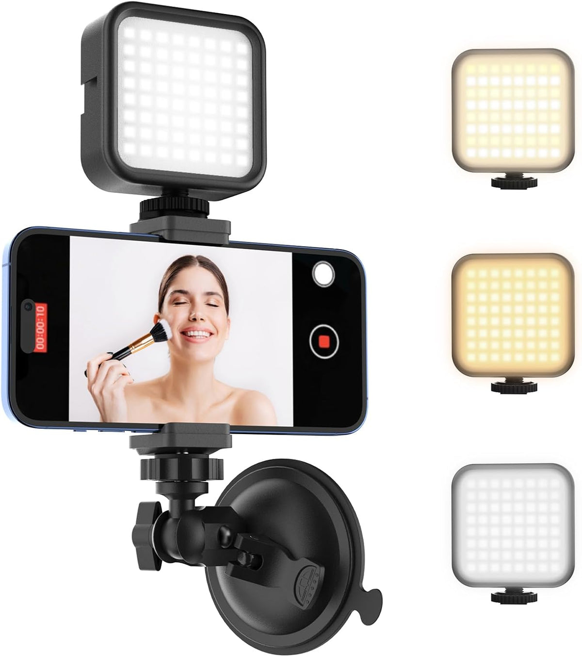 Suction Cup Phone Mount with Rechargeable Light, Mirror Phone Holder with Light Shower Bathroom Kitchen, Mirror Tripod for TikTok YouTube Instagram Make Up Pics Video Content Creator