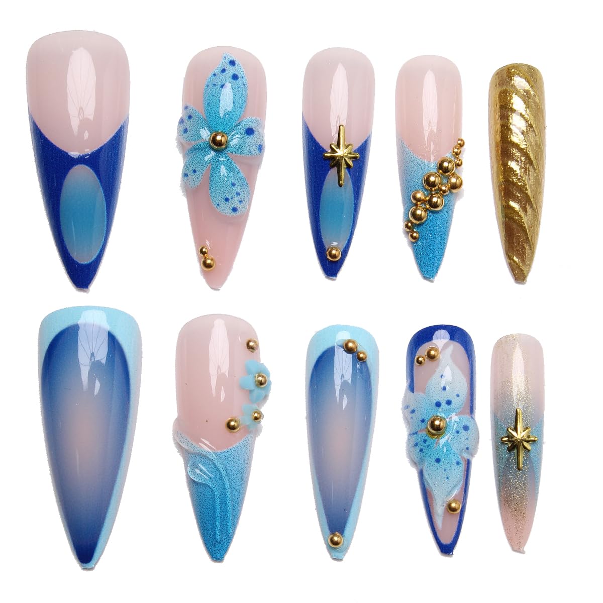 MERVF Long Stiletto Press on Nails Blue French Tip Fake Nail Flower Glue ons 3D Gold Pearls Design Almond Acrylic Summer Gradient Manicure Glossy 24pcs