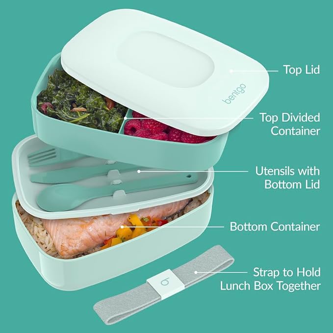 Bentgo Classic - Adult Bento Box, Stackable 3-Compartment Lunch Box with Removable Utensil Set and Sealing Strap, BPA-Free, Food Container Ideal for Meal Prep, Work, and On the Go (Coastal Aqua)