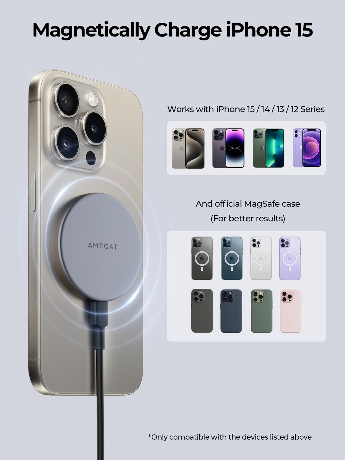 AMEGAT Wireless Charging Pad, MagFusion Aura 15W Fast Charging Qi2 Certified Magnetic Wireless Charger Compatible with MagSafe for iPhone17/16/15/14/13/12 Series